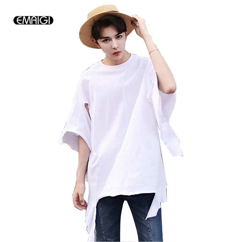 High Street T-shirt Hem Broken Hole Hollow Men Loose Short Sleeve T-shirt Male Black White Tees Shirts