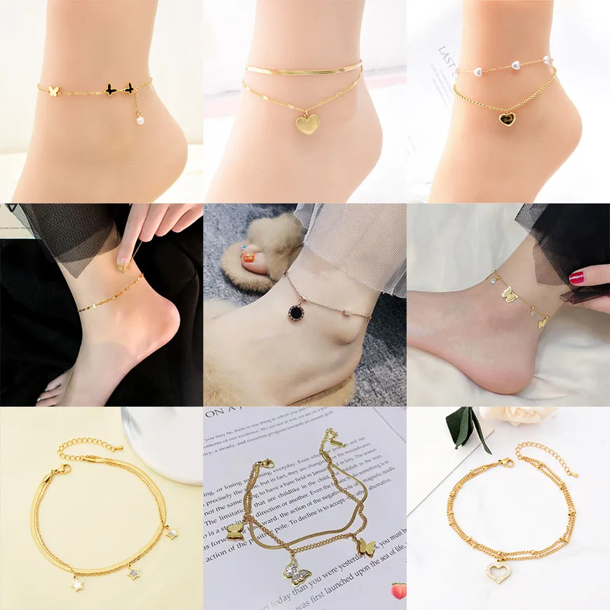 316L Stainless Steel Geometry Butterfly Zircon Pearl Heart Anklets For Women Fashion Trend Fine Jewelry Party Gifts SAB481