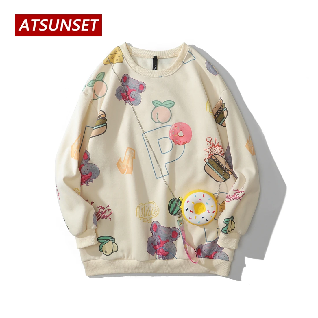 ATSUNSET Alphabet Bear Donut Print Sweatshirt Autumn Cotton Pullover Hip Hop Street Retro Style Round Neck Pocket Hoodie Tops