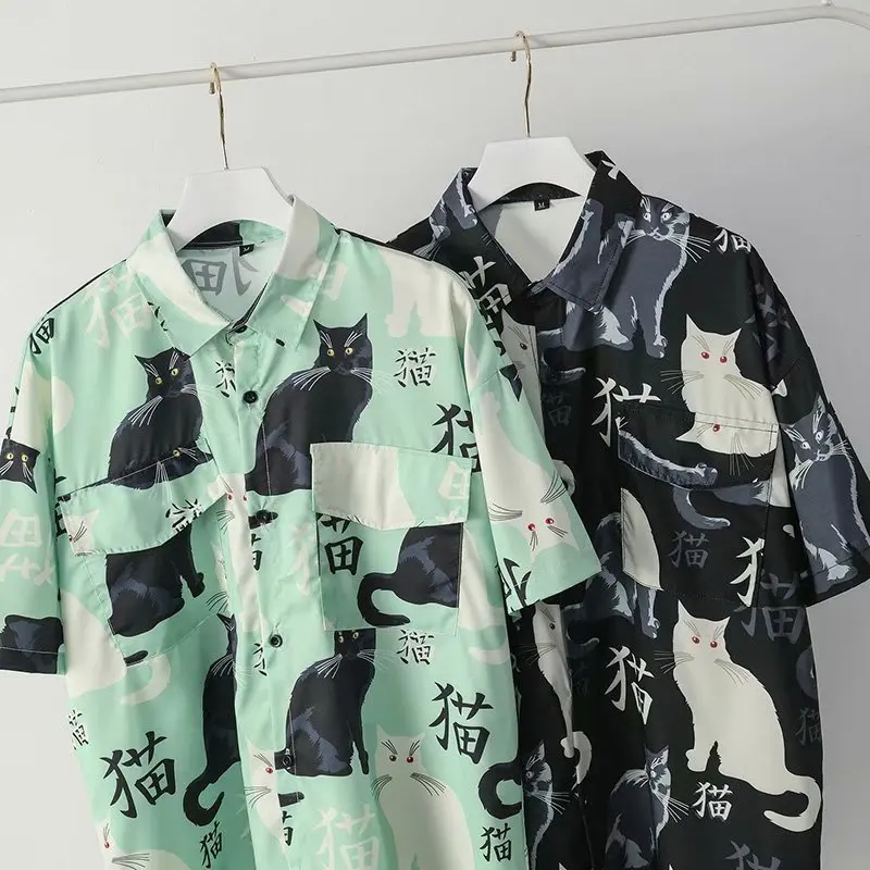 Summer high quality Mens Hawaiian Shirt 3D animal black cat Printed Short lapel Sleeve Big Size Hawaii Men Beach Floral Shirts