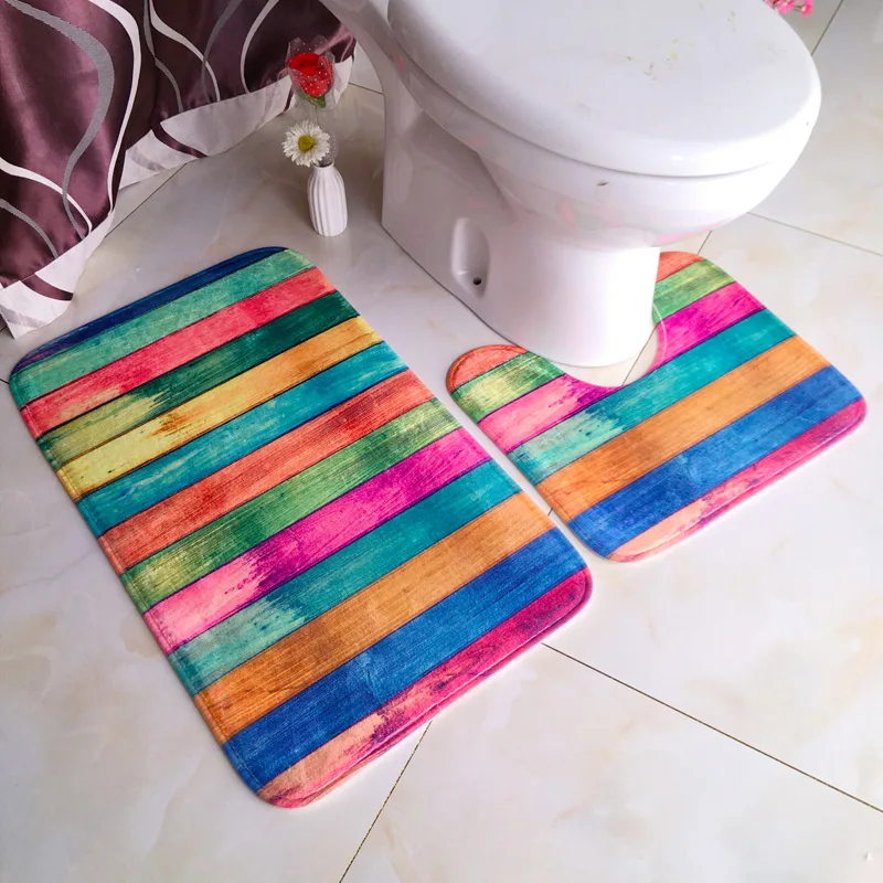 

7 Colors Stripes Bathroom Non-Slip Mat 2pcs/Set Absorbent Toilet Mats Pedestal Rugs Non-Slip Carpet Printed Foot Pads Floor Mat