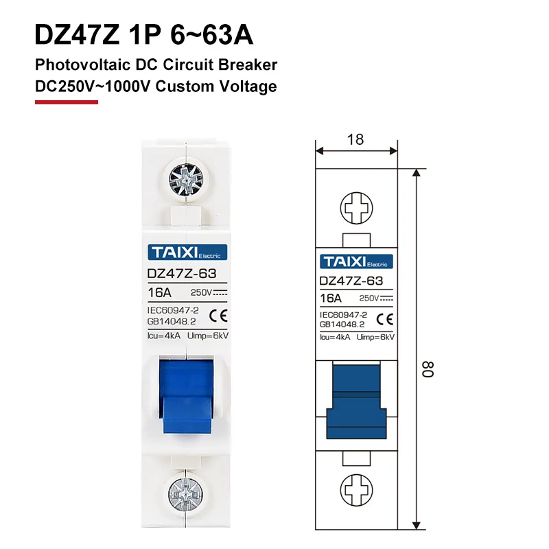 Miniature DC Circuit Breaker 1P 2P Solar Energy PV MCB 16A 40A 32A 63A 80A 100A 125A Air Switch For Photovoltaic System