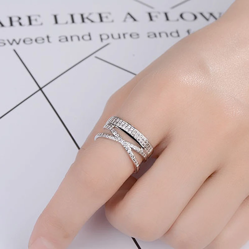 LYNNE Jewelry New Fashion 925 Sterling Silver Simple Double layer X Cross Rings Punk Rock Zircon Adjustable Ring Women Fine Gift