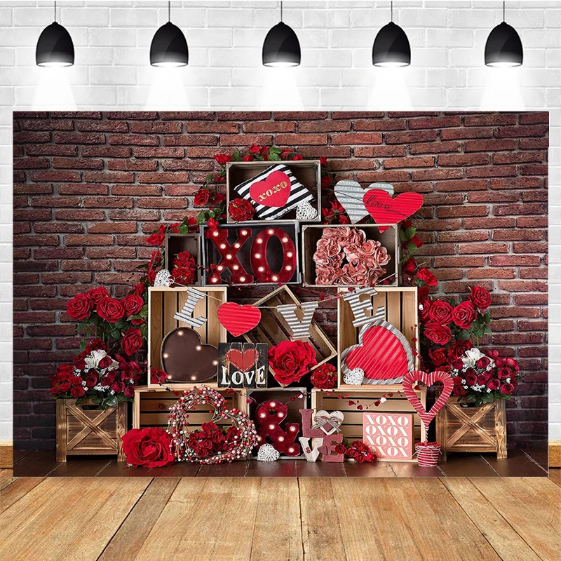 

Mocsicka Valentine's Day Red Rose Brick Wall Photography Background Love Gift Box Romantic Art Photo Portrait Decoration Props