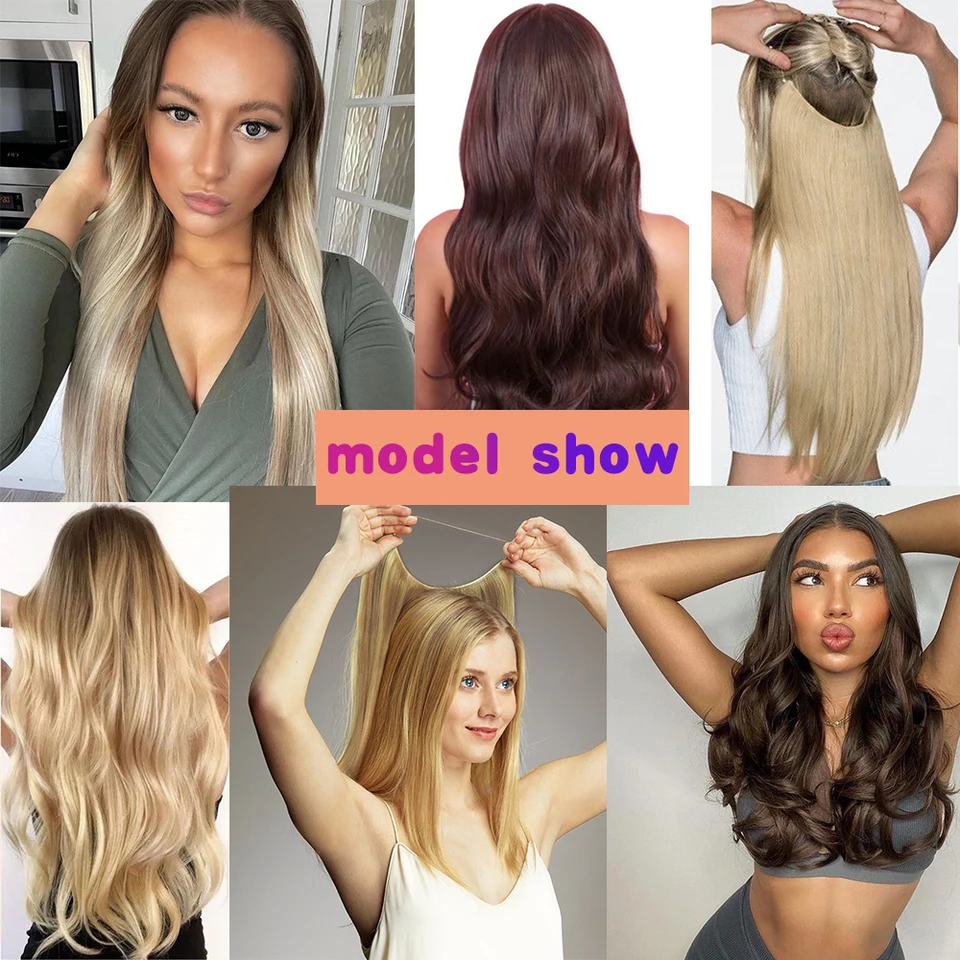 Extensión de cabello sintética MERISIHAIR sin clip, con hilo invisible, lisa, negra y rubia, una pieza 6