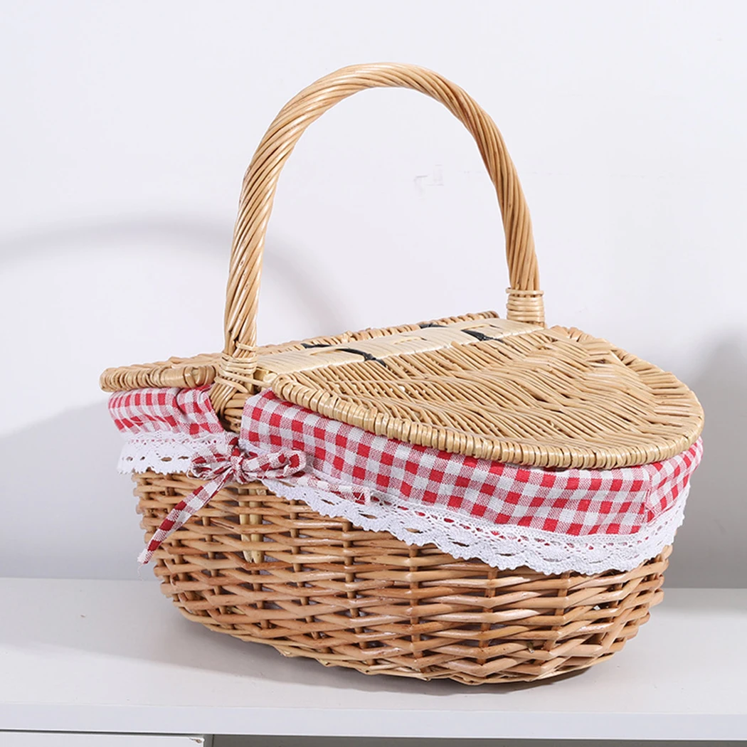 1pc Handmade Wicker Basket With Handle Rattan Camping Picnic Basket With Double Lids Storage Hamper Basket With Cloth Lining