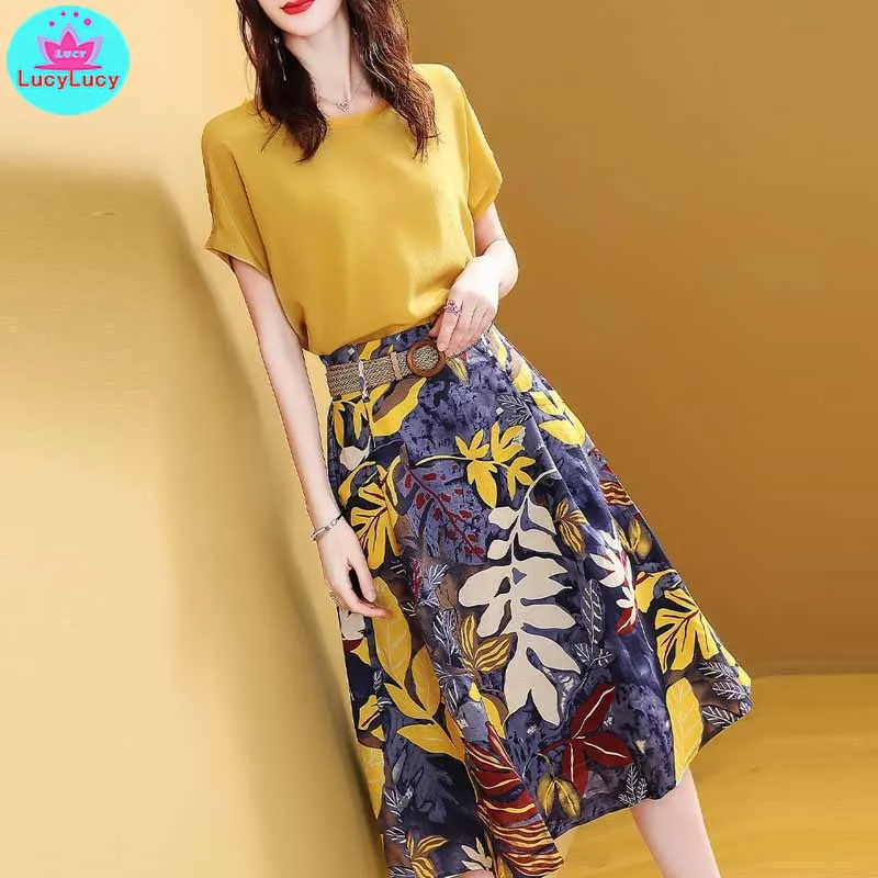 2021 summer new Korean version of the foreign air T-shirt + skirt two pieces of fashion goddess fan suit skirt