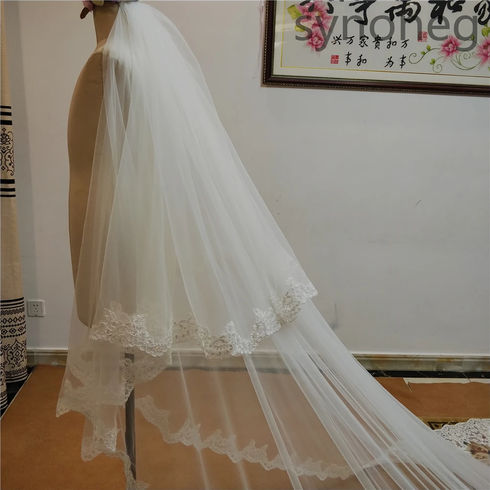 2022Real Photos High Quality 2 Tiers Blusher Cover Face Cathedral Shining Sequined Lace Wedding Veil with Steel comb New Bridal