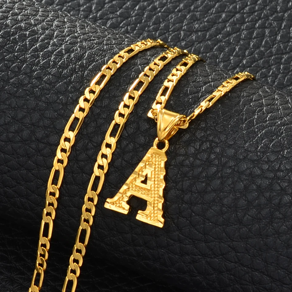 Anniyo A-Z Letters Pendant Necklaces for Women Men Girls English Initial Alphabet Figaro Chains Gold Color Jewelry #058002S