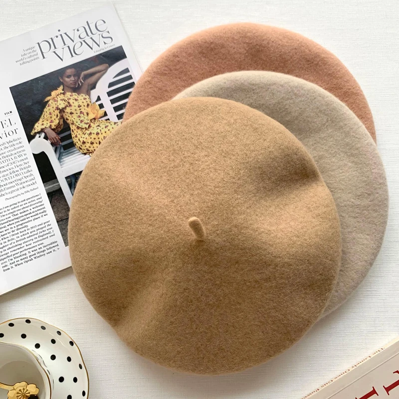 Luna&Dolphin Women Autumn Winter Wool Mushroom Hat Berets Coffee Caramel Vintage Artist Cap Painter Beanie Hat Sweet Color Warm