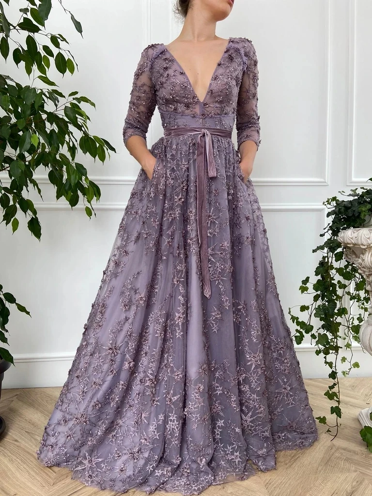 Moroccan Evening Dresses A-line 3/4 Sleeves Tulle Appliques Pearls Long Turkey Dubai Saudi Arabia Prom Dress Gown Customized