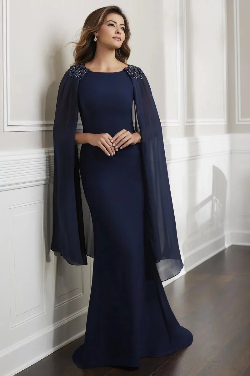 Elegant Navy Blue Mother Of Tthe Bride Dresses Mermaid Beading Wrap Sweep Train Plus Size Custom O-neck Evening Dresses