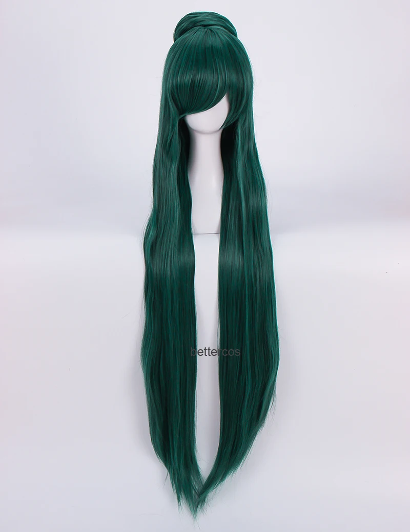 Parrucche Cosplay Sailor Pluto Meiou Setsuna 100cm parrucca sintetica resistente al calore verde scuro lunga parrucca Cap A Bun