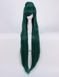 Sailor Pluto Meiou Setsuna Cosplay Wigs 100cm Long Dark Green Heat Resistant Synthetic Hair Wig + Wig Cap + A Bun