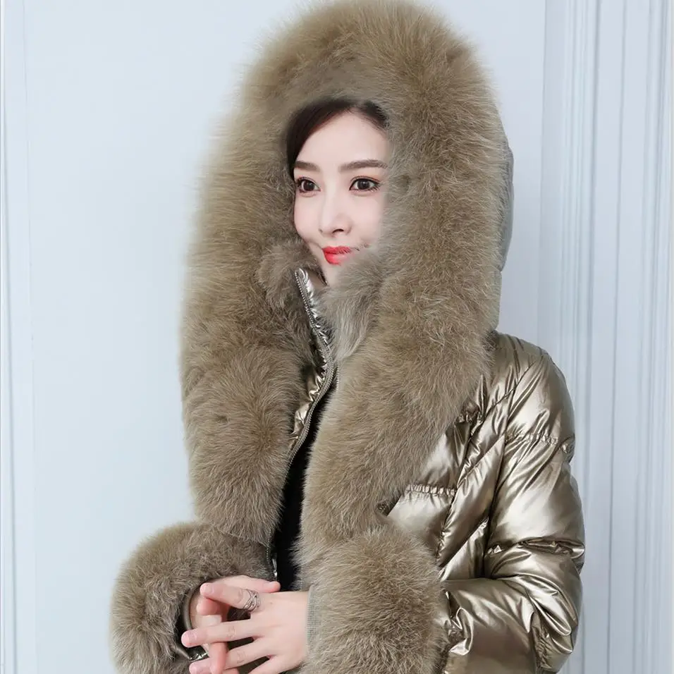 Русский теплый меховой пуховик Fit -30℃ cold Winter Thicker Glossy Duck Down Coats Female Large Real Fox Fur Hooded Parkas wy430