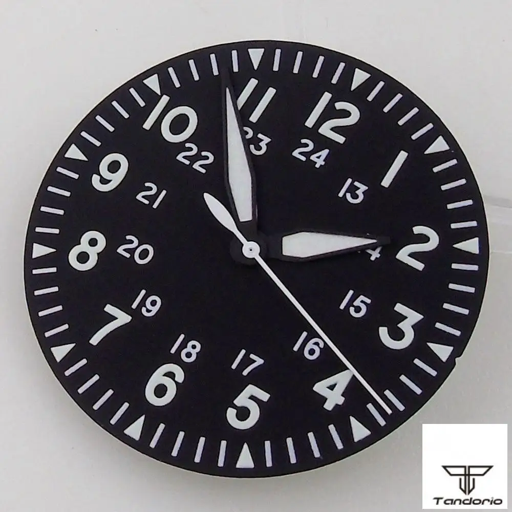 

Циферблат и стрелки для часов Miyota 8215, 821A, 8205, DG2813, Pilot Style, 33,5 мм, черные, светящиеся, мужские, с арабскими цифрами