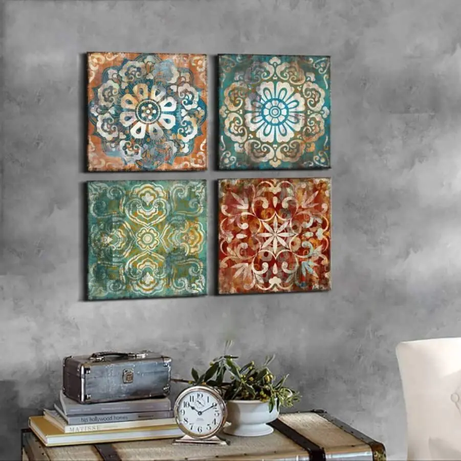 4 Pieces Mandala Vintage Flowers Posters Canvas Wall Art Picture Home Decor Painting for Living Room Bathroom Kitchen Decoration