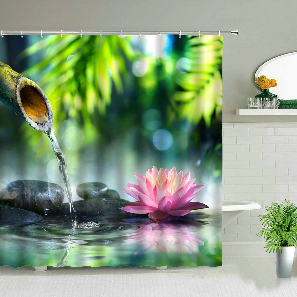 Chinese Style Ink painting Bamboo Landscape Shower Curtain Flower Bird Scenery Bathroom Waterproof Cloth Bath Curtains With Hook