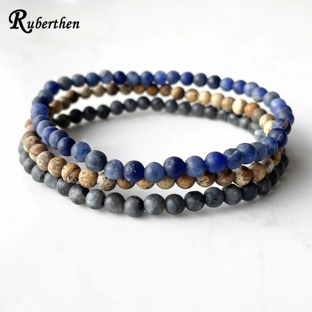 Ruberthen Matte Brazil Sodalite Bracelet Set Matte Gray Larvikite Picture Jasper Bracelet 4 mm Mini Gemstone Energy Bracelets