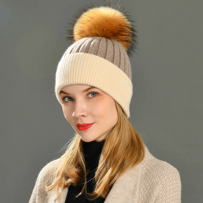 Jxwatcher Women Winter Fur Ball Cap Cashmere Hats Beanie Cap Woman Female Warm Rabbit Fur Blend Knitted Fur Ponpon Hat Caps