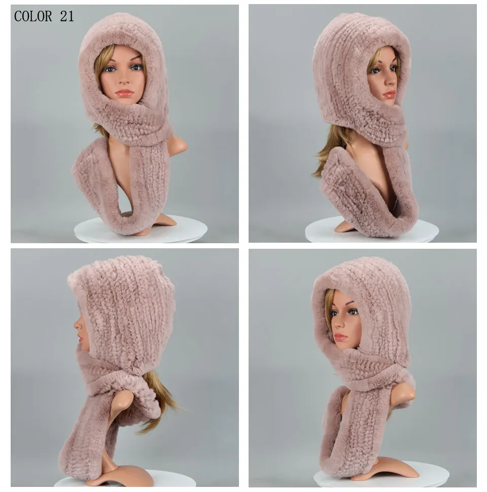 Frauen Gestrickte Echte Rex Kaninchen Pelz Hut Mit Kapuze Schal Winter Hüte für Frau Herbst Kappe Warme Natürliche Pelzmütze mit Hals Schals Bonnets – Detail 26