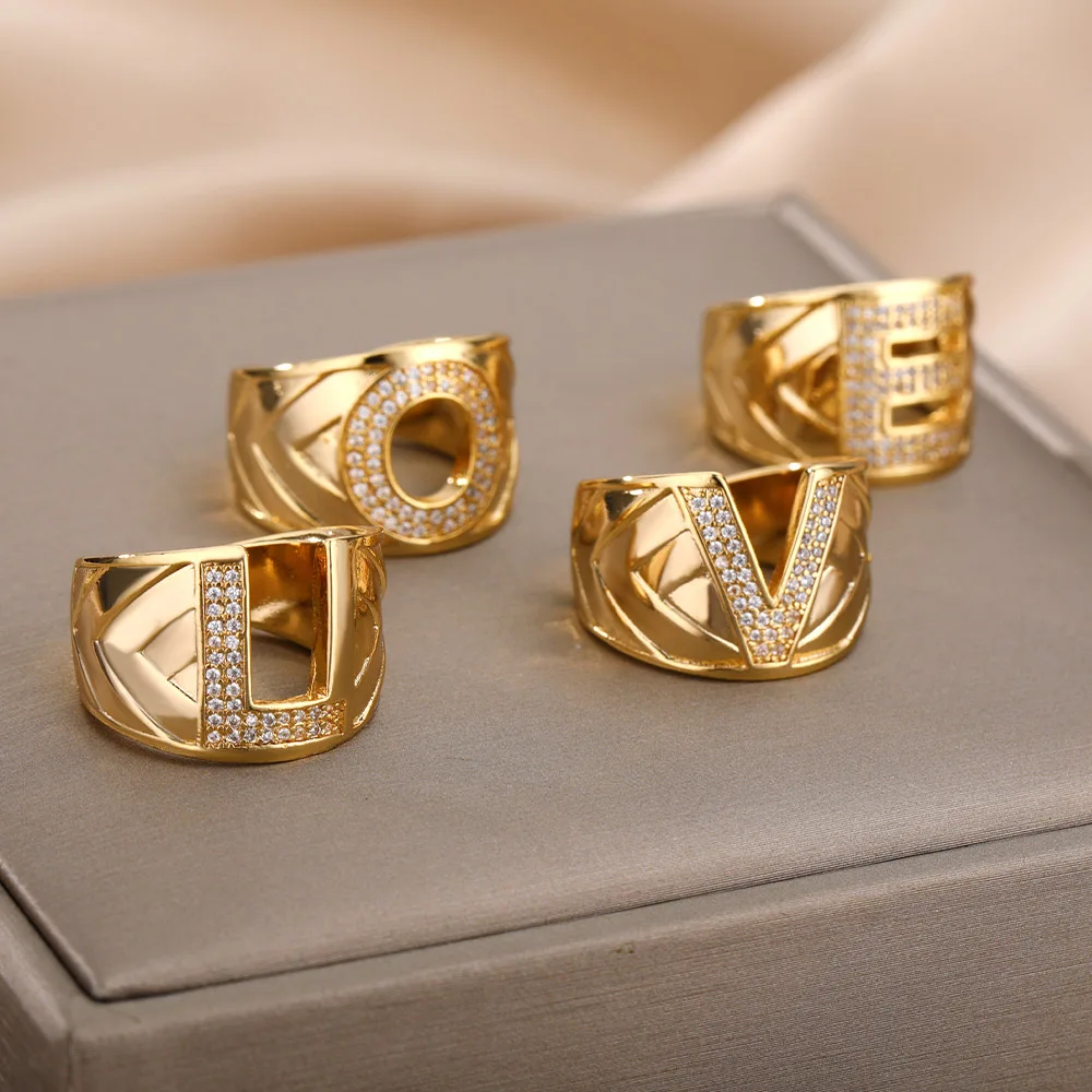 Chunky Wide Hollow A-Z Letter Rings For Women Zircon Adjustable Gold Color Opening Ring Initials Alphabet Female Party Jewelry image 4