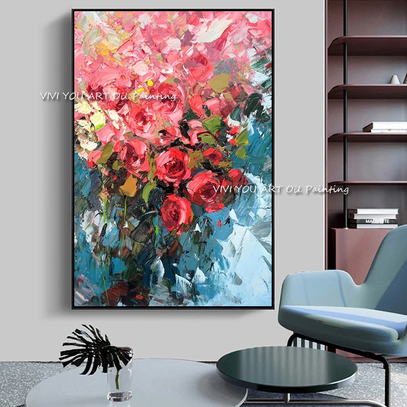 Newest 100% Hand-painted modern home decor wall art picture white pink Red Rose tree thick palette knife oil painting on canvas