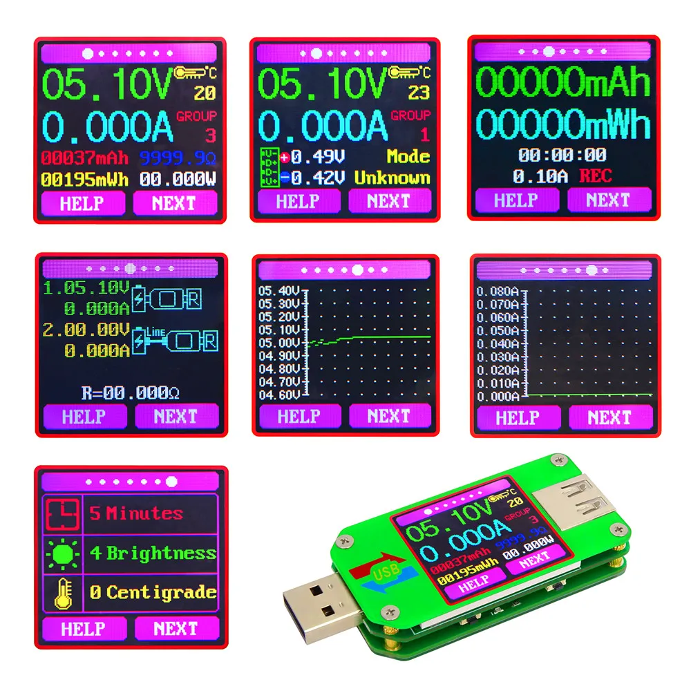 UM24/UM24C UM25/UM25C UM34/UM34C Type-C USB Voltmeter Ammeter Resistance Meter Charging Voltage Current Tester LCD Color Display