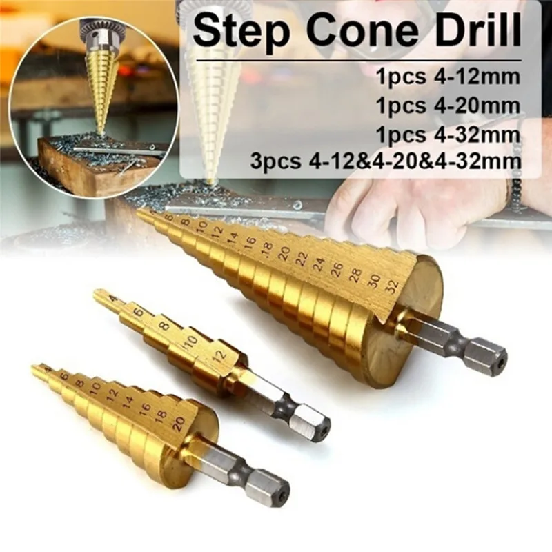 1pcs 4-12/20/32mm Large HSS Steel 4241 Steel Step Cone Drill Titanium Bit Set Hole Cutter Hex Core Drill Bits Tool