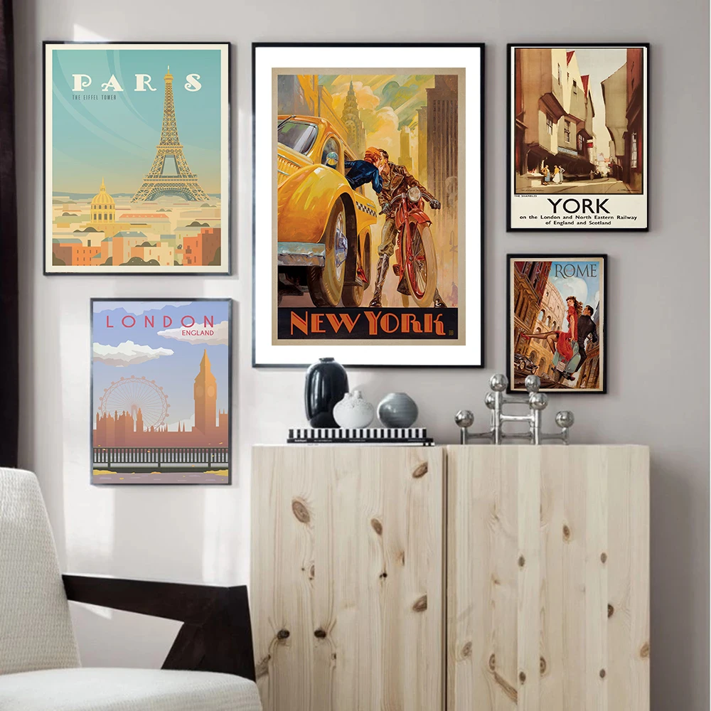 رومانسية الأصفر سيارة أجرة قماش اللوحة روما نيويورك باريس لندن Vintage الإعلان السياحة الملصقات يطبع كوادروس جدار صورة فنية #2