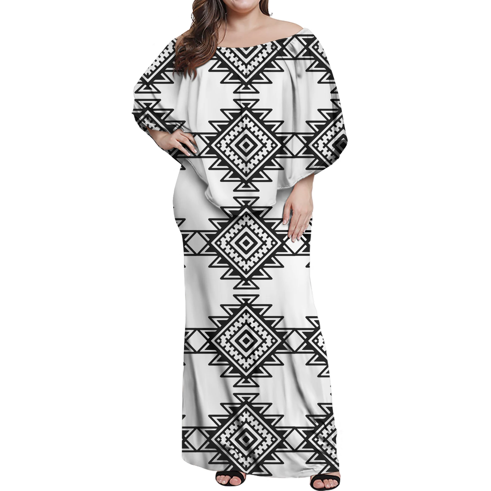 Hycool Vintage Hibiscus Print Black Ruffle Bodycon Maxi Dress Custom Polynesian Frill Dress Women Off Shoulder Dress With Shawl