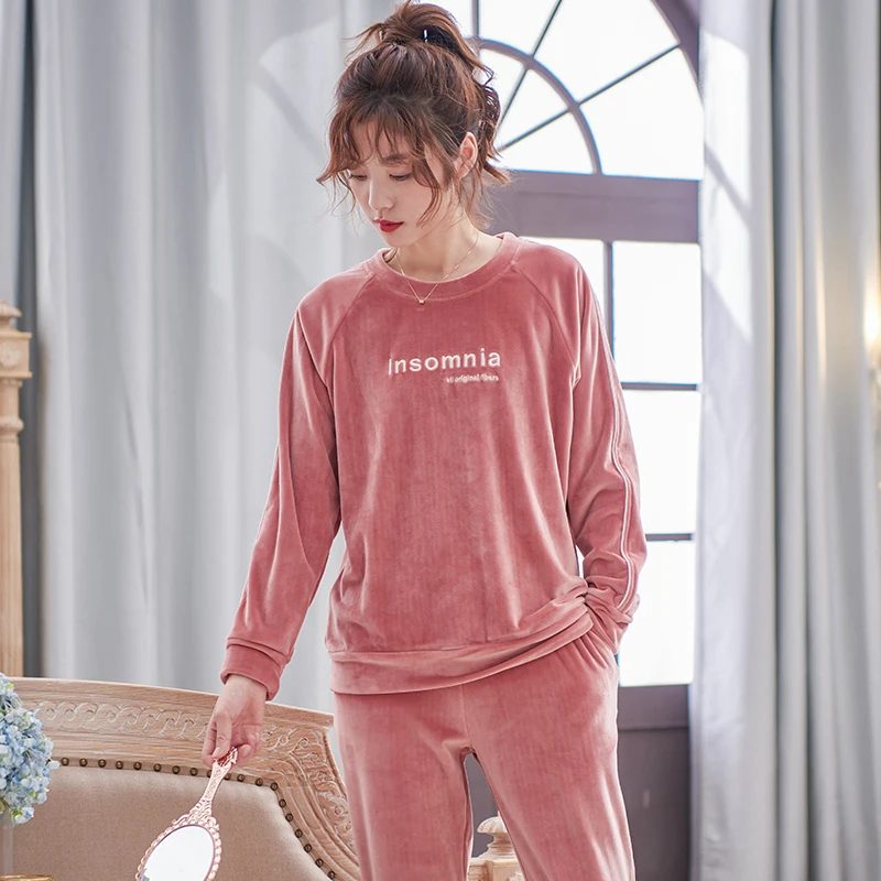 Nữ Cổ Tròn Bộ Đồ Ngủ Bộ Đảo Nỉ Tay Dài Thu Đông Bộ Pyjama Rời Nữ Nhà Bộ Chữ Đồ Ngủ Ngọn + quần 2Pc