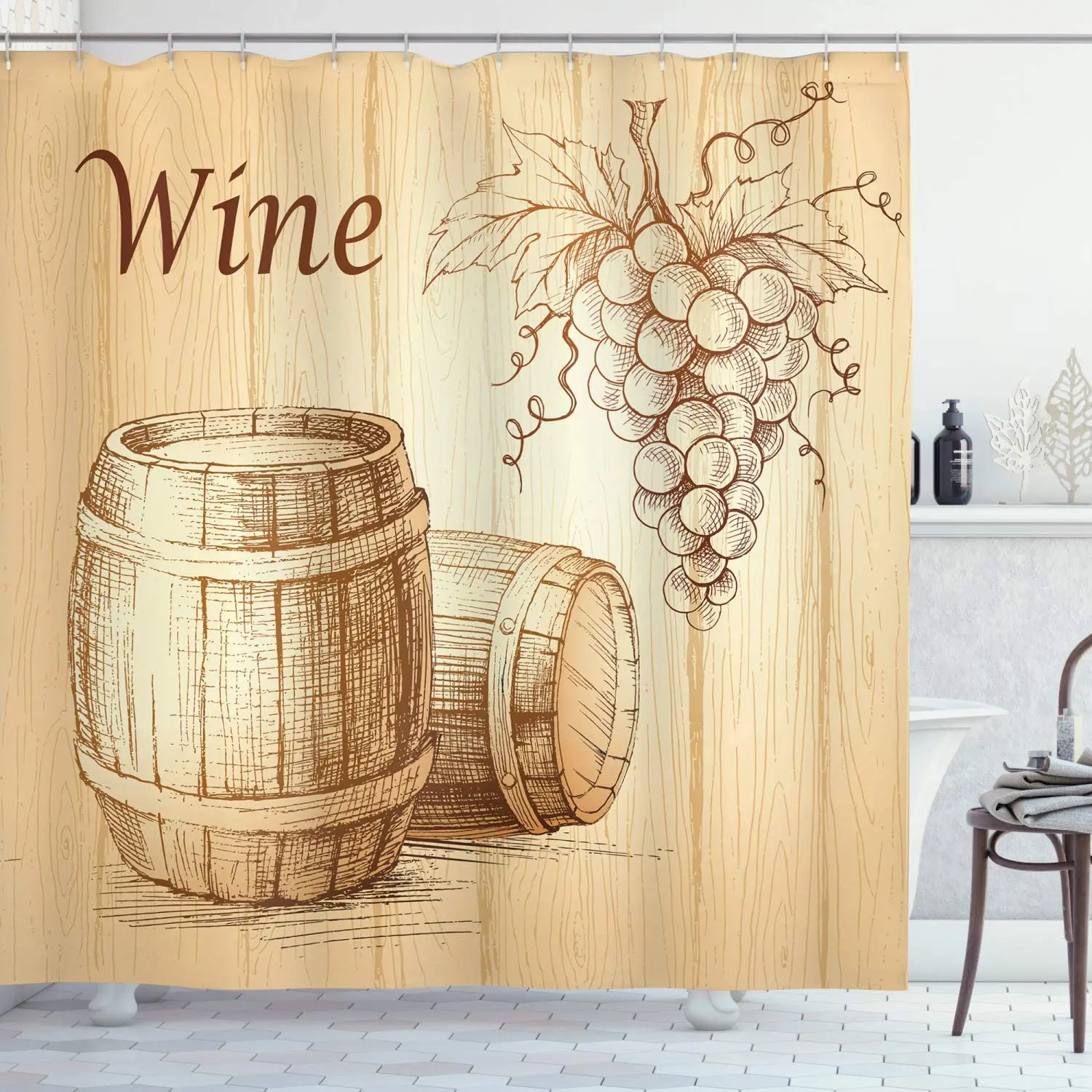 Wine Shower Curtains Wooden Barrels and Bunch of Grapes on Wood Backdrop Botany Harvest Theme Artwork Fabric Bathroom Decor Set