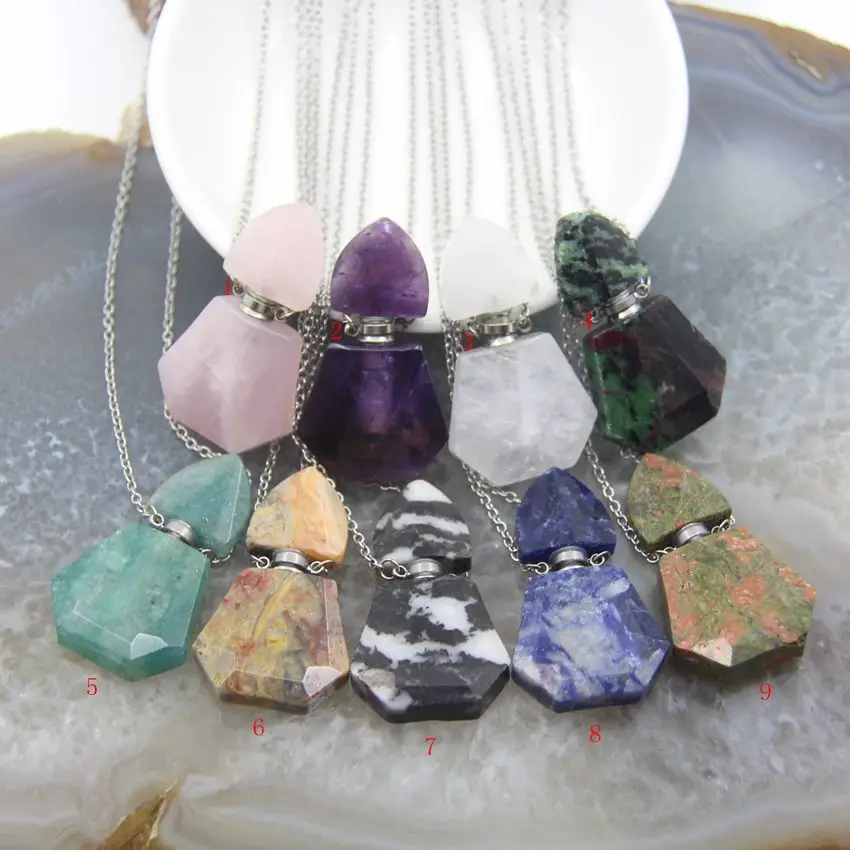 Natural Quartz Crystal Faceted Slabs Perfume Bottle Pendant Necklaces,Gems Slice Essential Oil Diffuser Vial Charms Chains