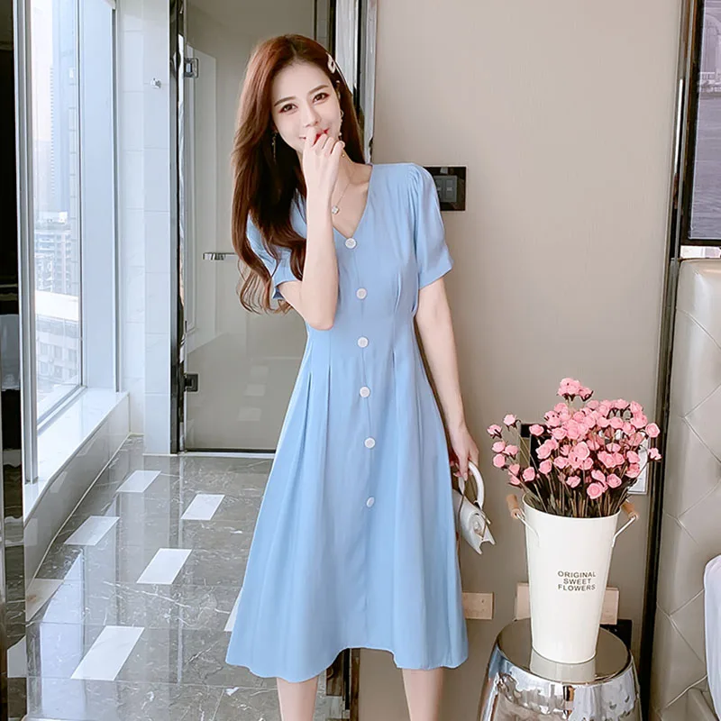 2022 Summer New Women's Dress Waist Thin Single-Dreasted Vintage Dress Short Sleeve V-Neck Elegant Fashion Female Dress Size