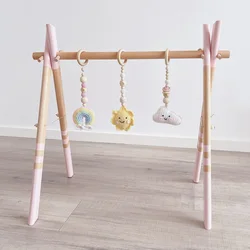 Wooden Baby Gym with 3 Sensory Toys Foldable Play Gym Frame Activity Gym Hanging Bar Girls Boys Room Decorations Newborn Gifts