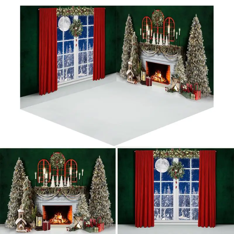 Weihnachts kamin Hintergrund Kinder Baby Fototermin Kind Winter Schneeflocke Dekor Weihnachts bäume Holzfenster Geschenk box Fotostudio