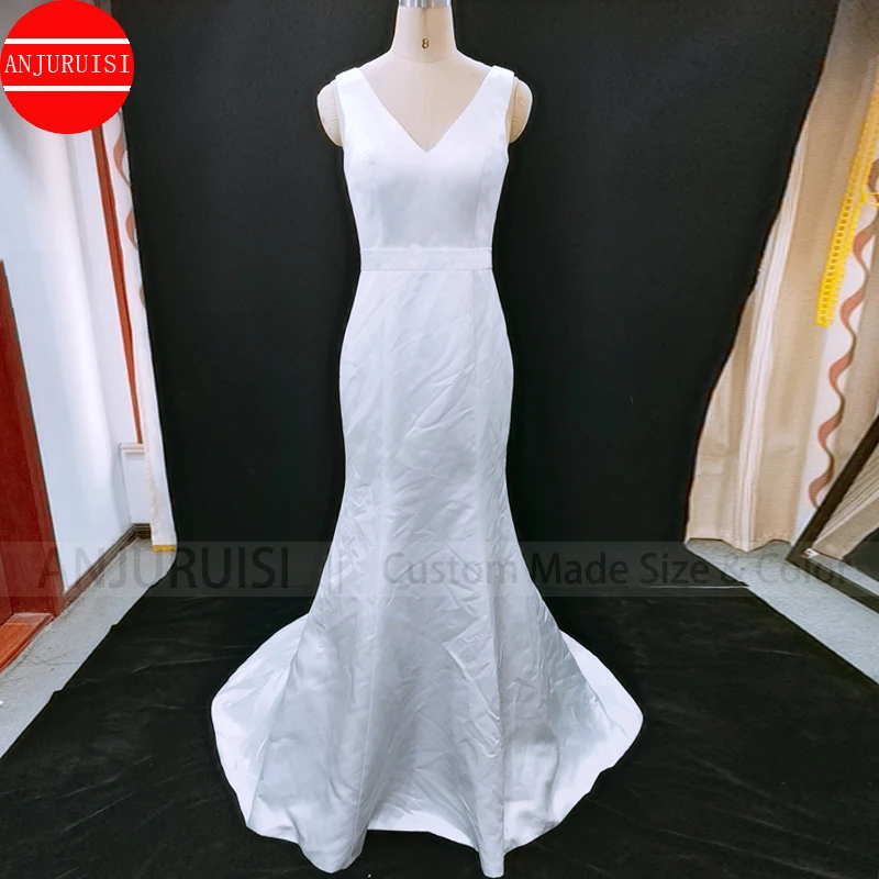 ANJURUISI White Satin Simple Mermaid Wedding Dresses 2020 Backless Beach Bride Dresses vestido de noiva robe de mariee