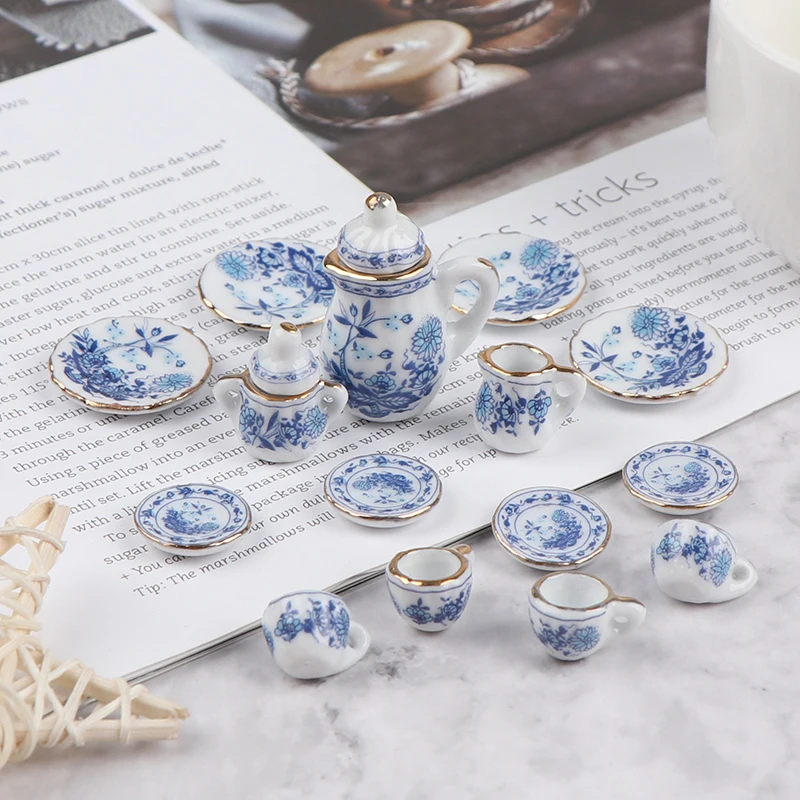 Vintage Miniatura White Porcelain Tea Set, Pote, Copo, Prato, Louça, Dollhouse, Modelo de Itens, Decoração Móveis, 15Pcs, Conjunto