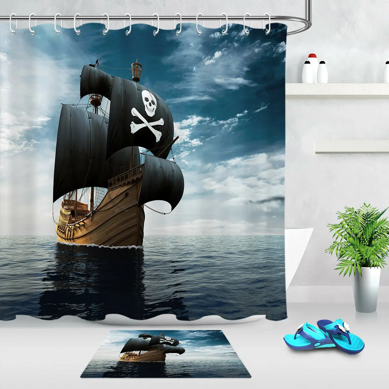 Polyester Fabric Shower Curtain Liner Retro Caribbean Pirate Ship Bathroom Decor