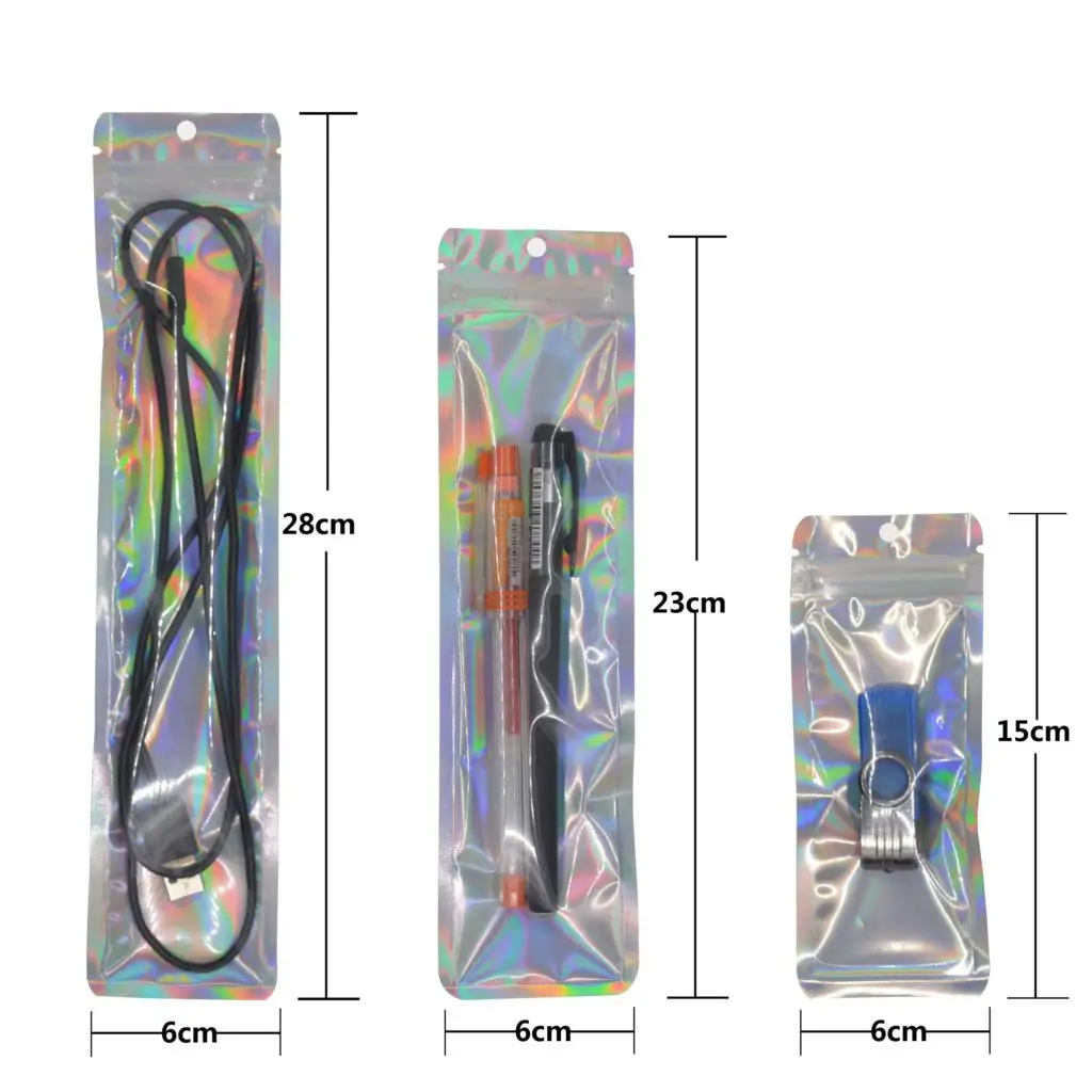 100 Pcs Hologram Aluminum Foil And Transparent Zip Lock Bags Long Plastic Pouch Watch Pen Jewelry Cosmetic Usb Data Cable Bags