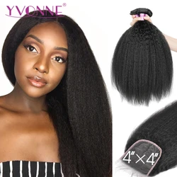 Yvonne Kinky Straight Bundles With Closure 3+1 Human Hair Bundles with Lace Closure 4×4 Brazilian Virgin Hair Weave