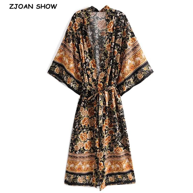 Bohemia V neck Orange Flower Print Long Kimono Shirt Black Ethnic Women Lacing up Bow Sashes Long Cardigan Loose Blouse Tops