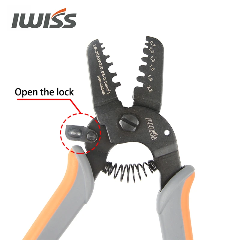 Imagem -03 - Iwiss Iws2820 Mão Terminal Ferramentas de Friso para Friso 28-20awg Jam Molex Tyco Jst Terminais e Conectores