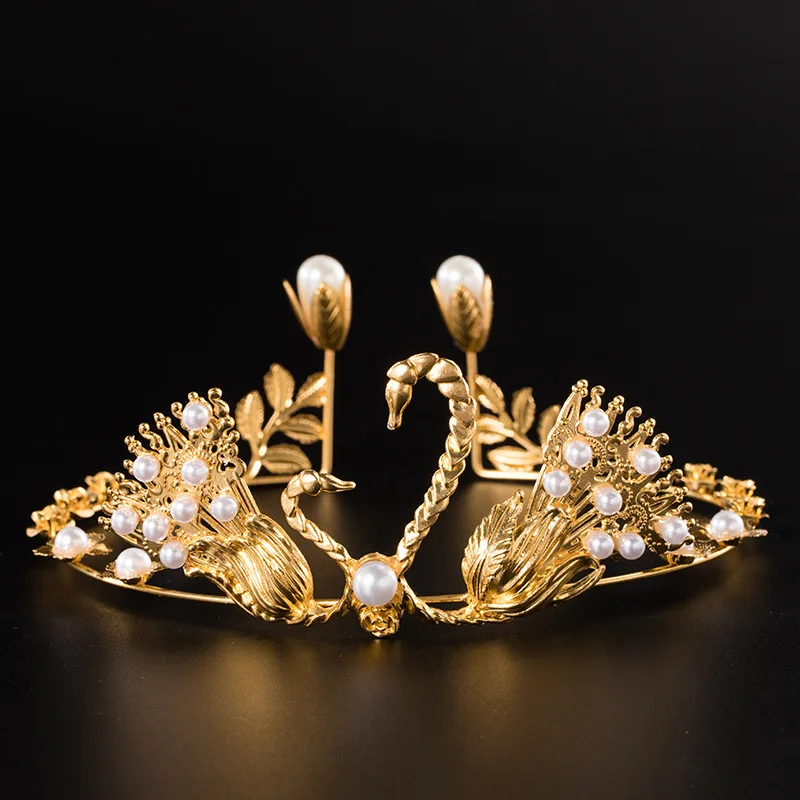 Swan Crown Hair Ornament Birthday Decoration Gold Pearl Tiara