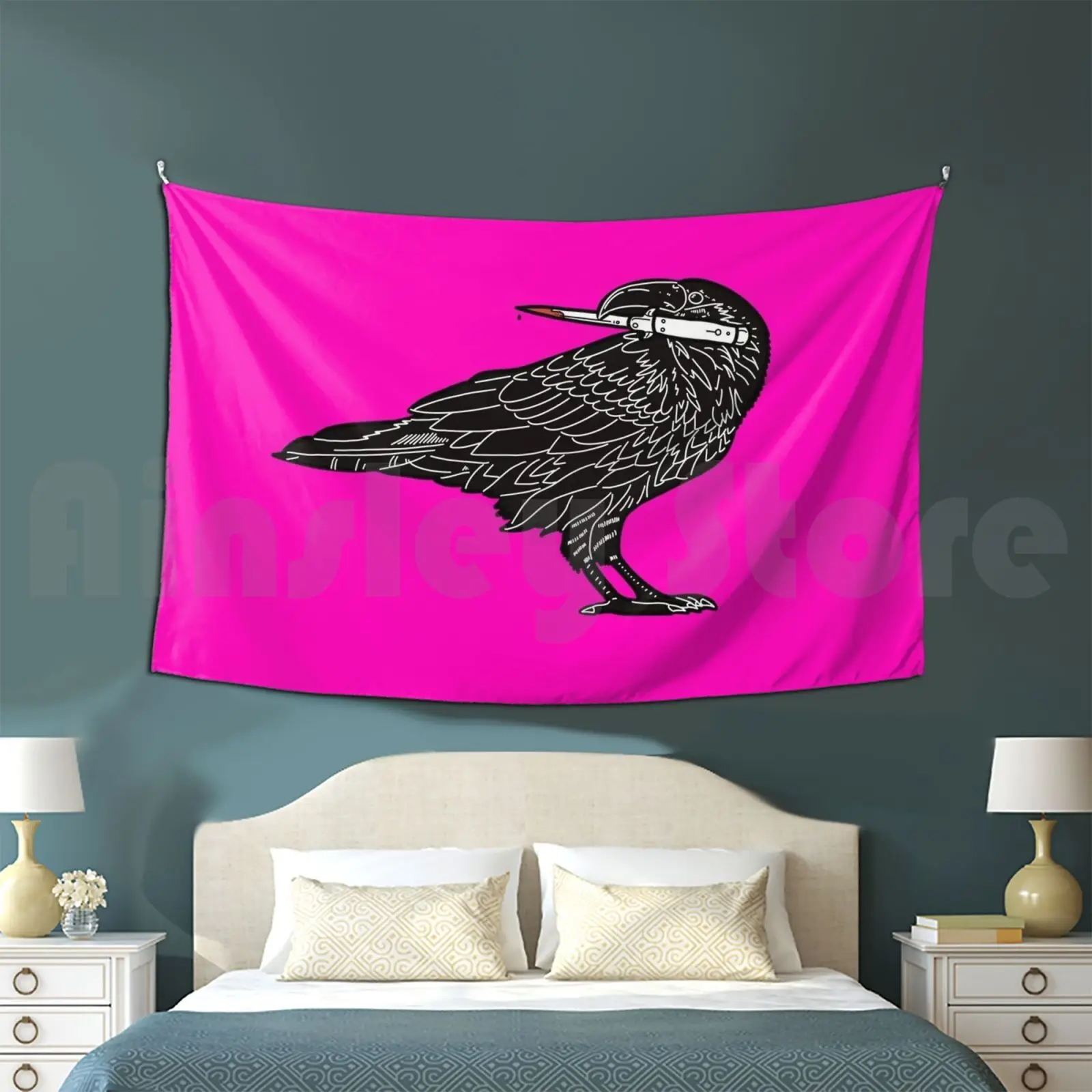 Tapestry Macawbre Crow ( Without Text ) | Black White & Red Hat Macabre Crow Raven Knife