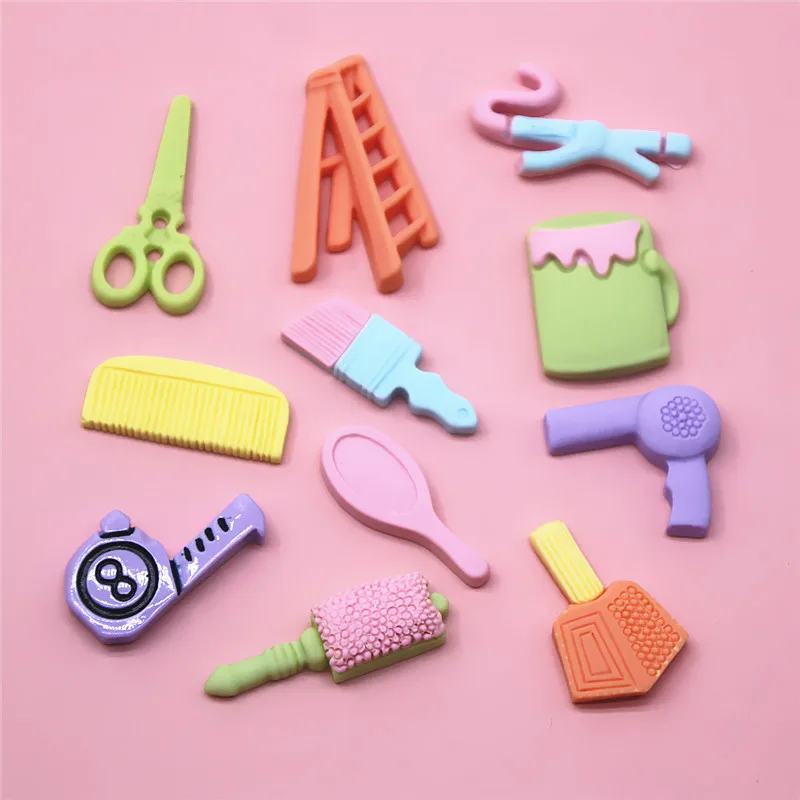 

20pcs Hair Dryer Tape Measure Mirror Comb Ladder Scissors Resin Flat Back Cabochon Art Decoration Charm Craft Hair bow Center