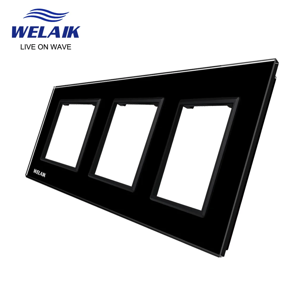 WELAIK  EU 3Frame 222*80mm White Wall Socket Outlet Square Hole Crystal Tempered Glass Panel Only DIY Parts  A3888W1