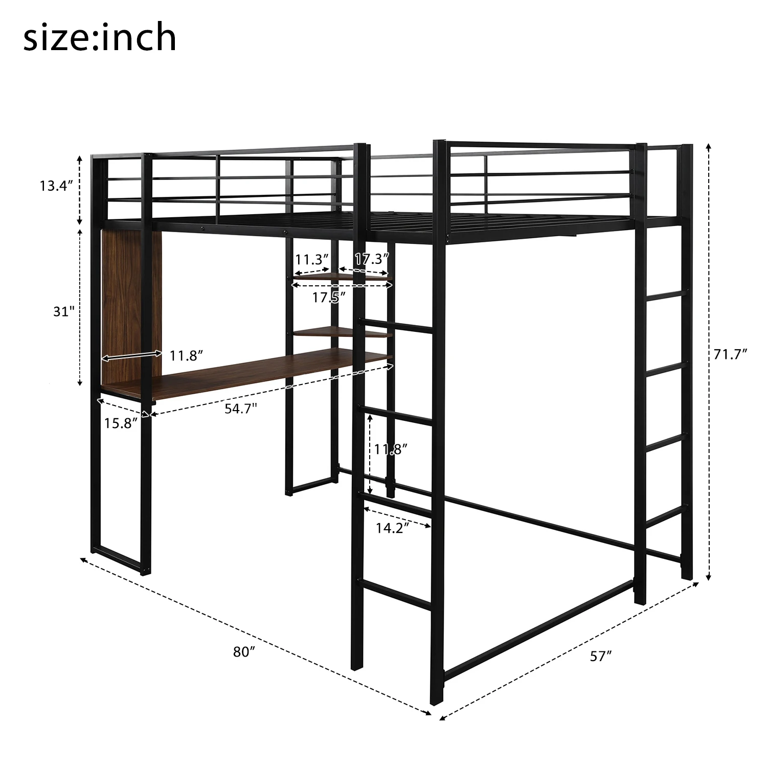 Full Size Metal Loft Bed Frame with 2 Shelves and 1 Desk 71.7''Hx57''Wx80''L Silver/Black/White[US-Depot]