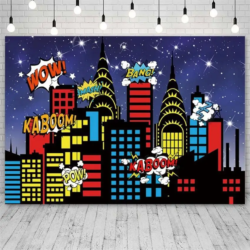 

Bling Bling Stars Night City Building Photo Background Super Heros Bang Boom Kids Party Decor Backdrop Photography